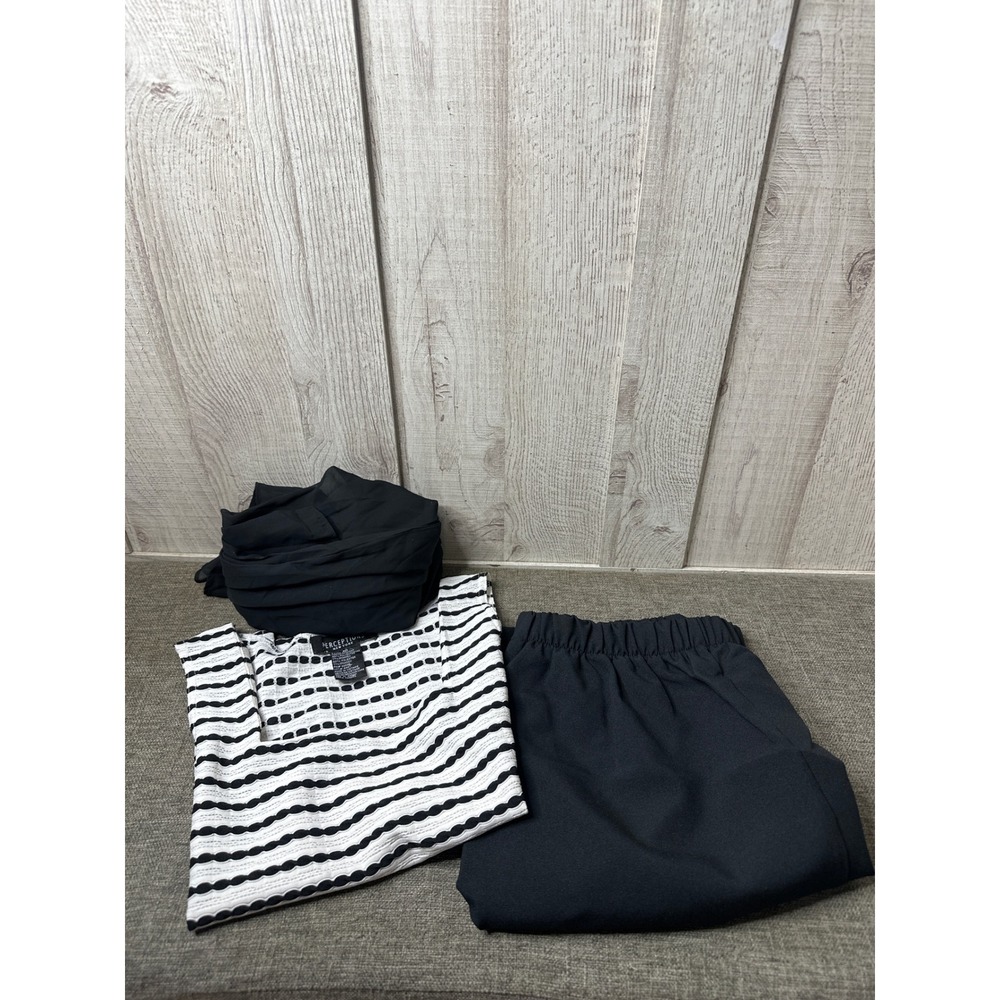 Elisabeth Williams Black Pants w/ Sheer Wrap & Perceptions Striped Top Women 10